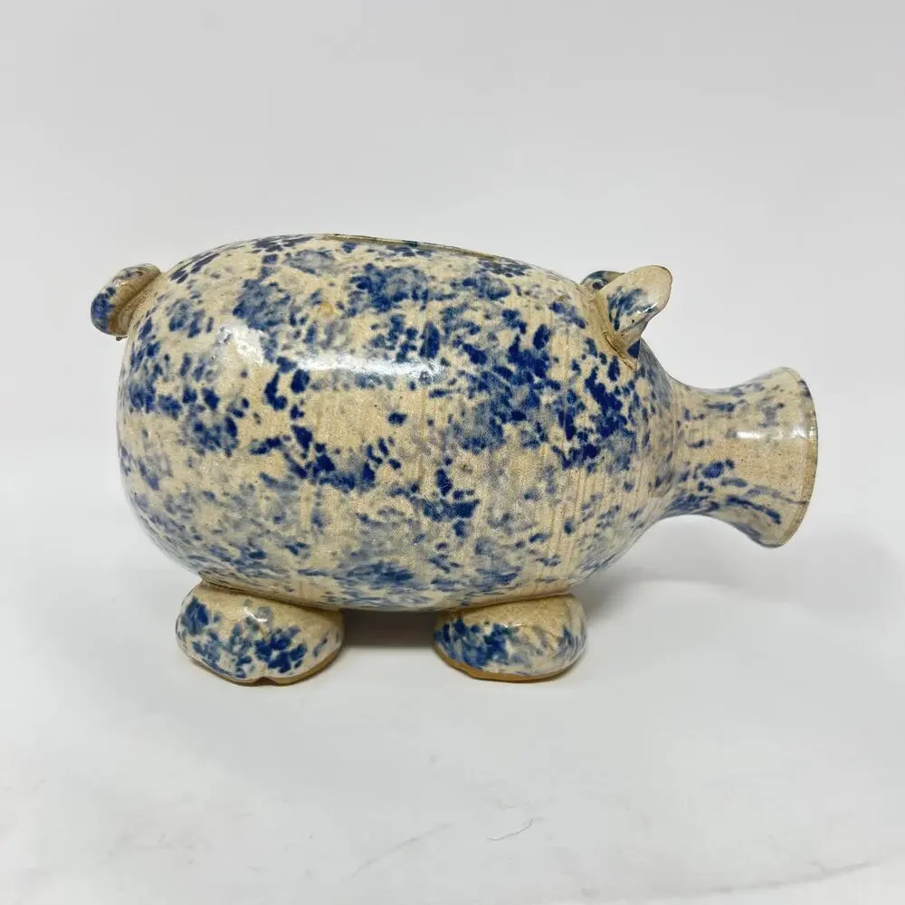 Vintage 80s Blue Spongeware Piggy Bank Stoneware Handmade Studio Pottery Pig